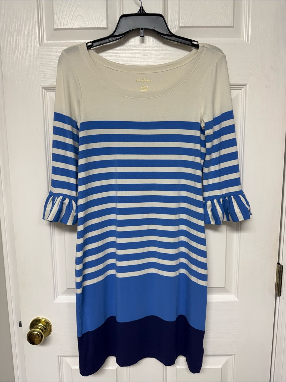 Lilly Pulitzer Sophie Ruffle Dress Striped Blue Ivory UPF 50+ Knit XS